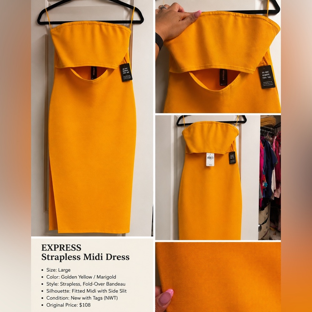 Express Strapless Foldover Midi Dress Marigold Yellow NWT Size L